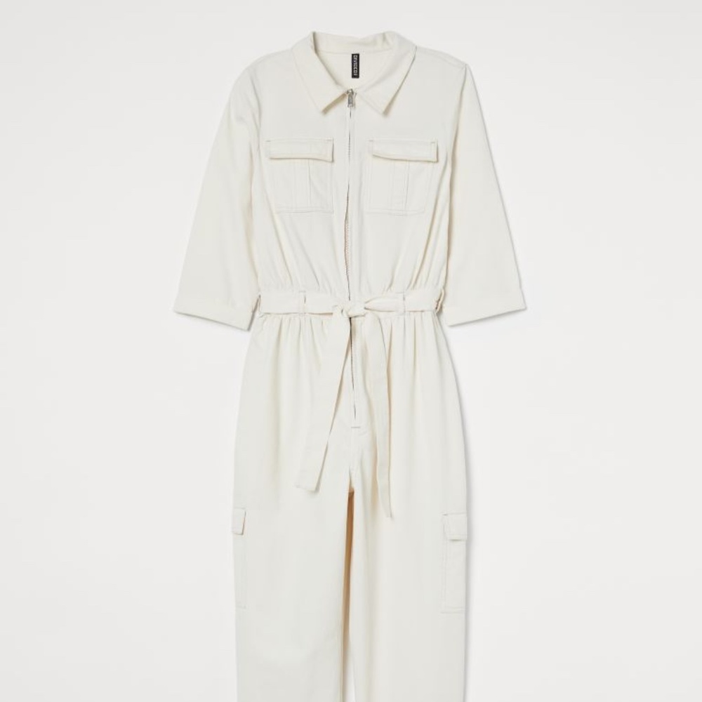 H&M DIVIDED White Belted Cargo Zip Up Cotton Jumpsuit Romper